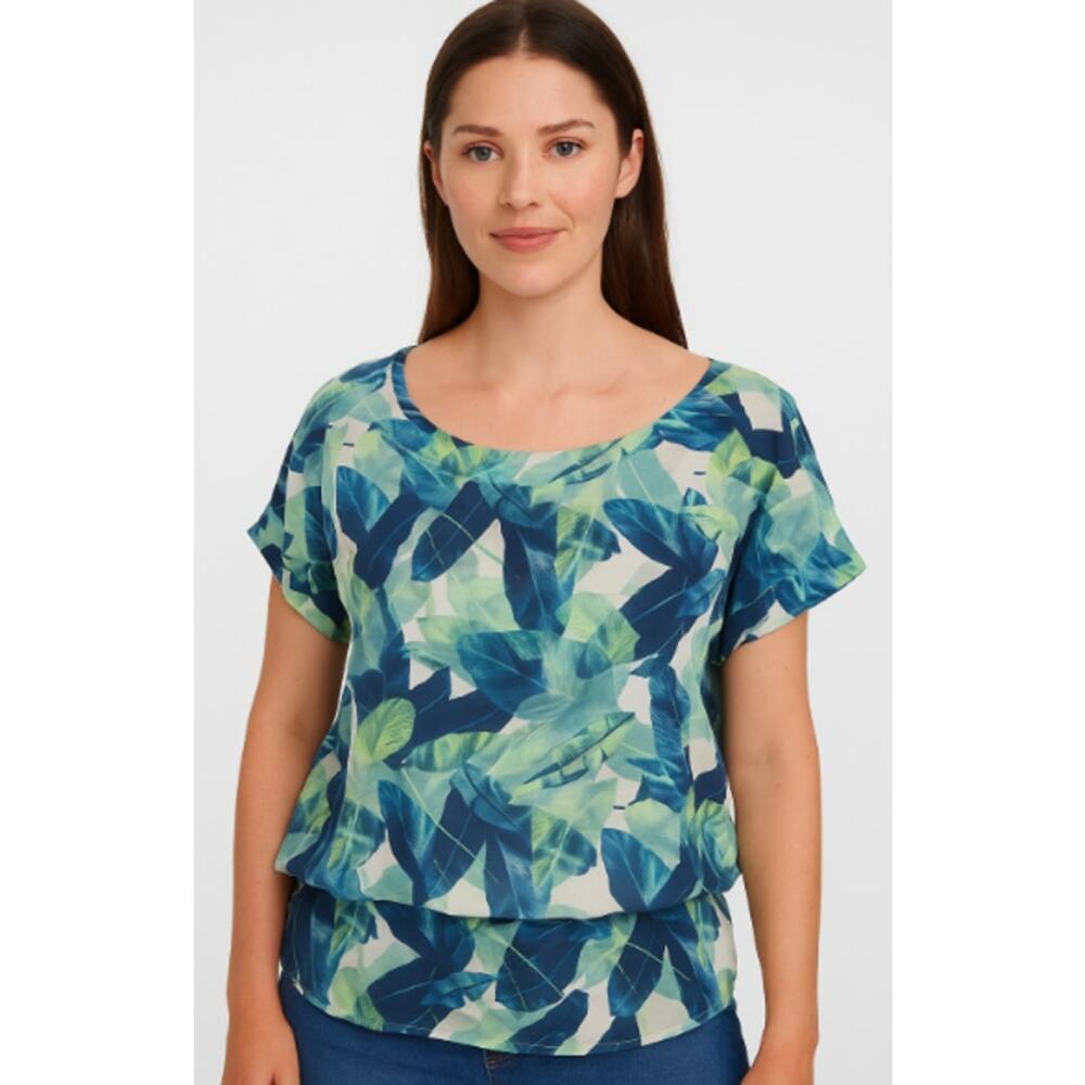 H by Halston Blue Green Leaf Print‎ Top Flowy Short Sleeves Round Neck Blouse, M